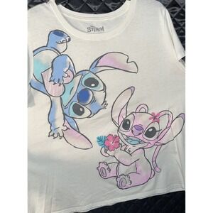 Disney Stitch & Angel  Off White Tshirt Top Cute Duo Heart Top 2XL